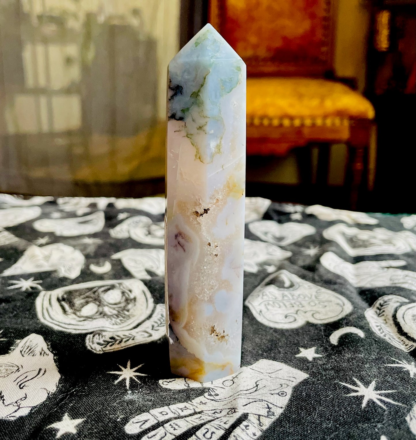 Moss Agate tower with Druzy