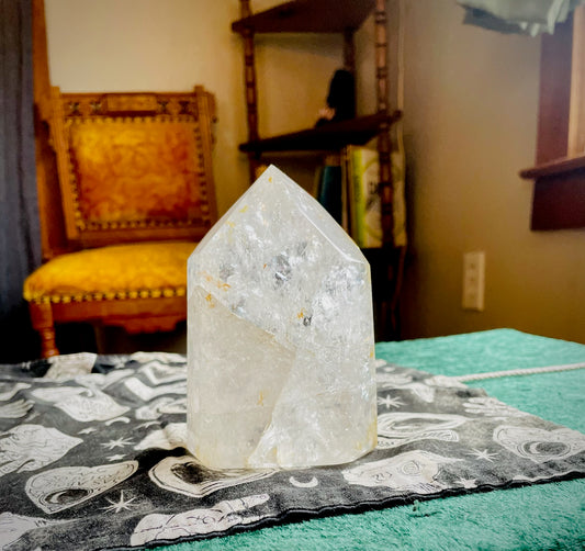 Clear Quartz Tower with Golden Healer and Rainbow inclusions